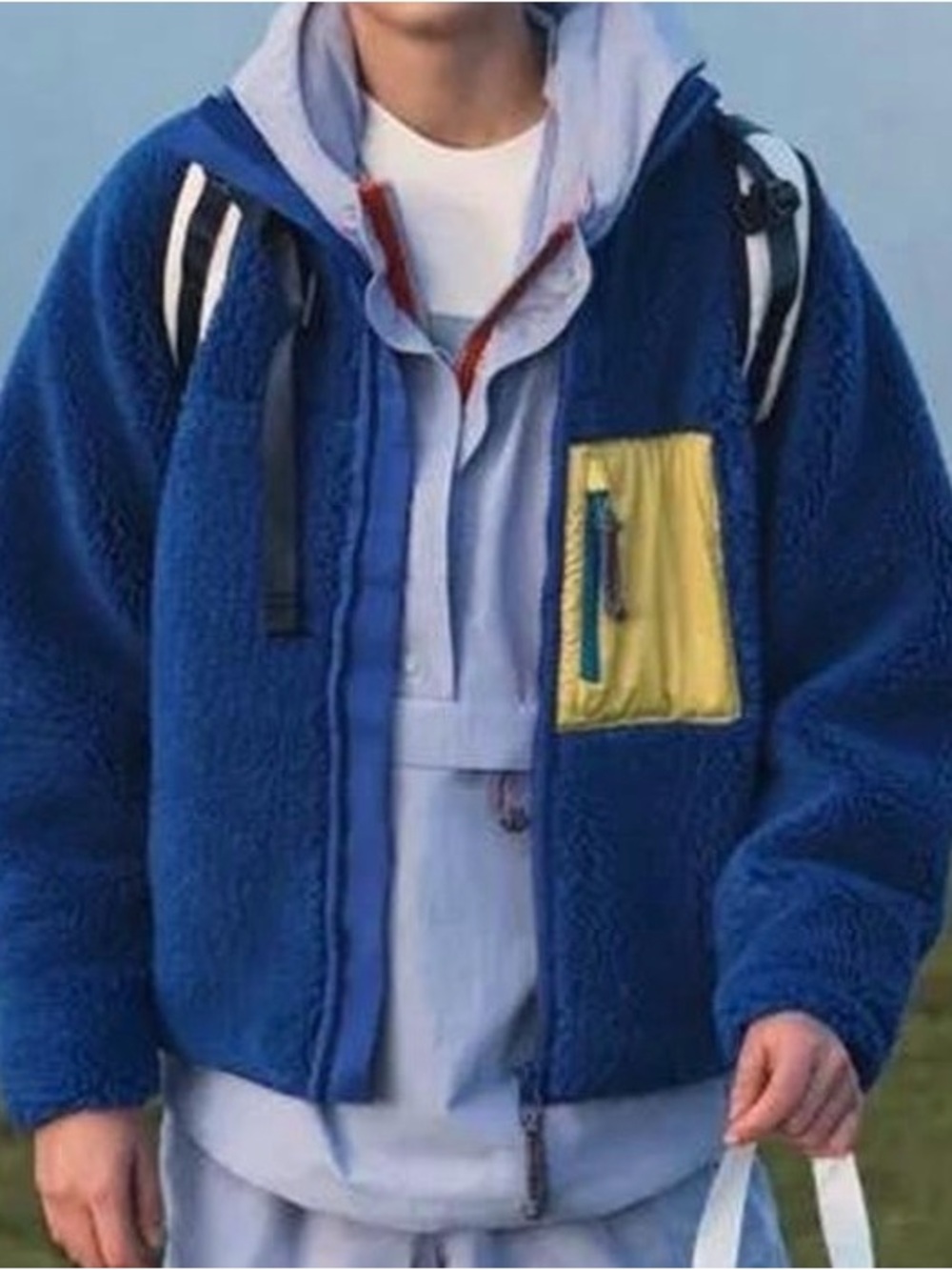 Tory Sport Blue Sherpa Puffer Jacket with Yellow Accents